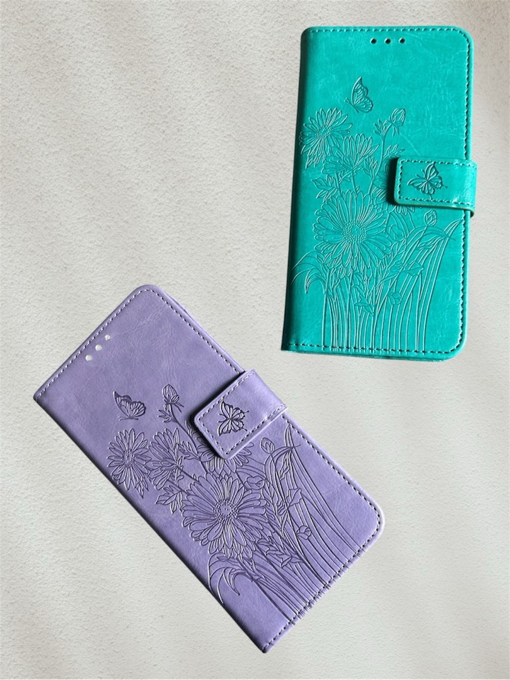 Floral Embossed Wallet Phone Case — Teal & Lavender